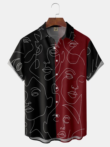 

Abstract Line Drawing Chest Pocket Short Sleeve Casual Shirt, Black, Men Shirts