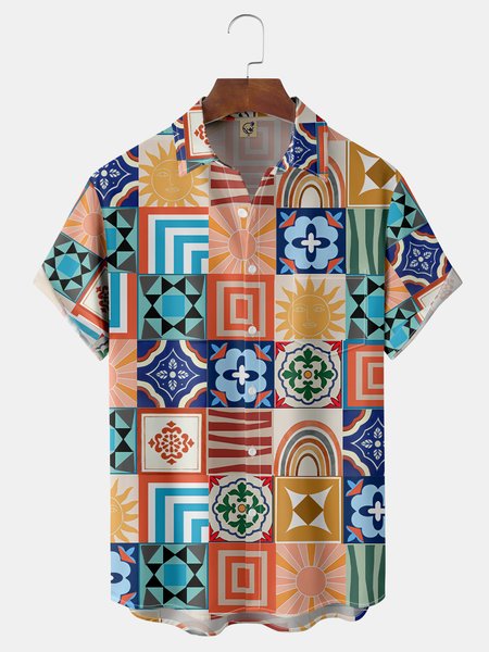 

Geometry Chest Pocket Short Sleeve Casual Shirt, Yellow, Men Shirts