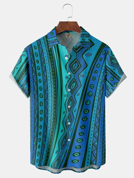 Folk Pattern Chest Pocket Short Sleeve Casual Shirt, Blue, Men Shirts