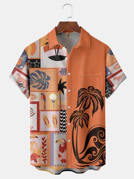 

Palm Tree Chest Pocket Short Sleeve Hawaiian Shirt, Light orange, Men Shirts