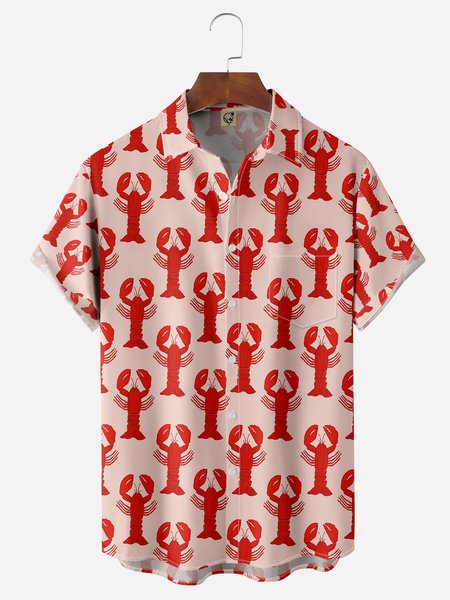 

Marine Life Lobster Chest Pocket Short Sleeve Hawaiian Shirt, Pink, Men Shirts