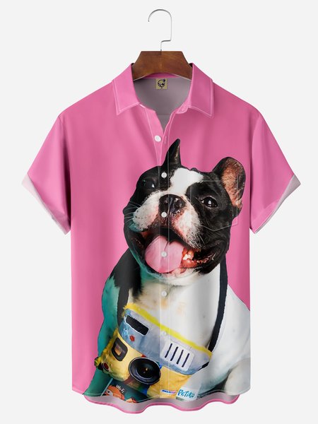 

Pull Dog Chest Pocket Short Sleeve Casual Shirt, Pink, Men Shirts