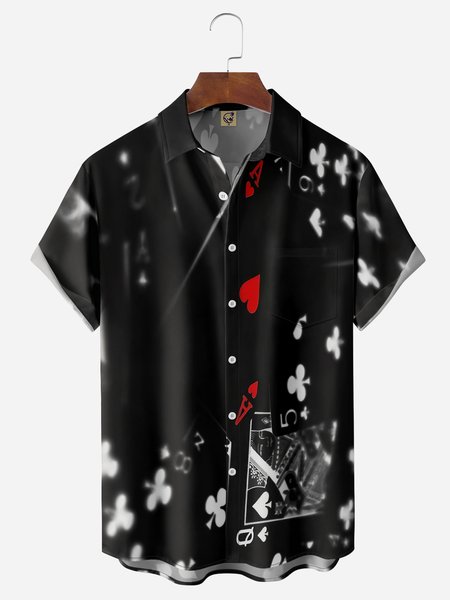 

Poker Symbols Chest Pocket Short Sleeve Hawaiian Shirt, Black, Men Shirts