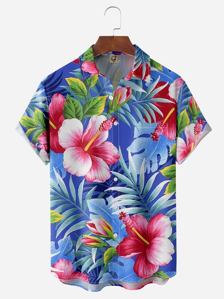 

Floral Chest Pocket Short Sleeve Hawaiian Shirt, Blue, Men Shirts