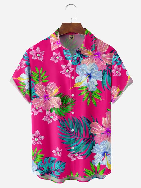 

Floral Chest Pocket Short Sleeve Hawaiian Shirt, Pink, Men Shirts