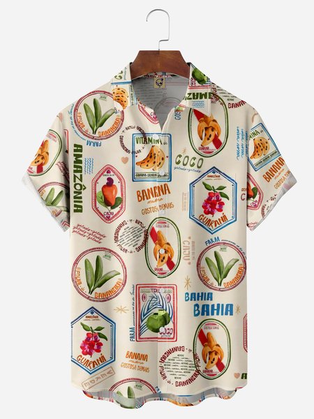 

Plants Chest Pocket Short Sleeve Hawaiian Shirt, Khaki, Men Shirts