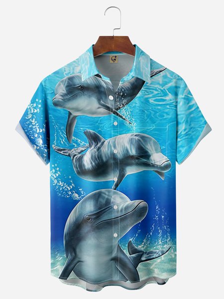 

Marine Life Dolphins Chest Pocket Short Sleeve Hawaiian Shirt, Blue, Men Shirts