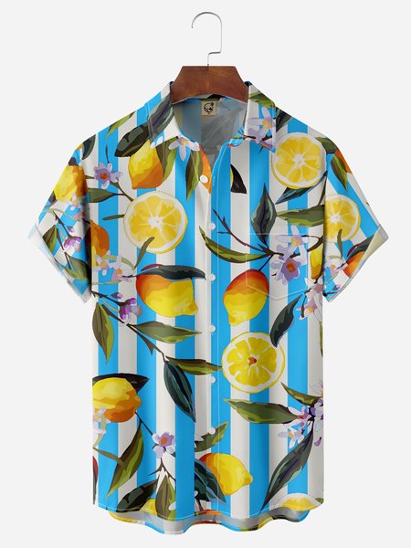 

Lemon Chest Pocket Short Sleeve Hawaiian Shirt, Blue, Men Shirts