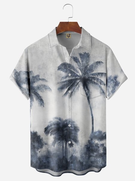 

Coconut Tree Chest Pocket Short Sleeve Hawaiian Shirt, Blue, Men Shirts