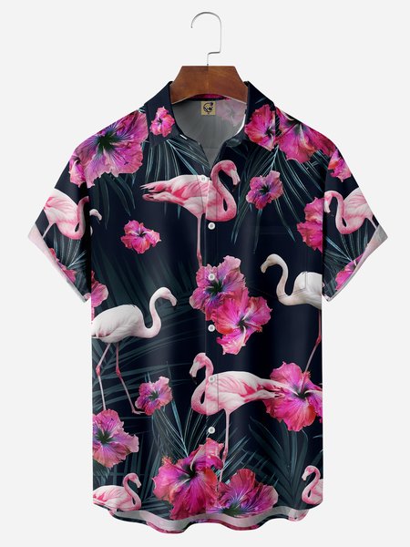 

Flamingo Chest Pocket Short Sleeve Hawaiian Shirt, Black-blue, Men Shirts