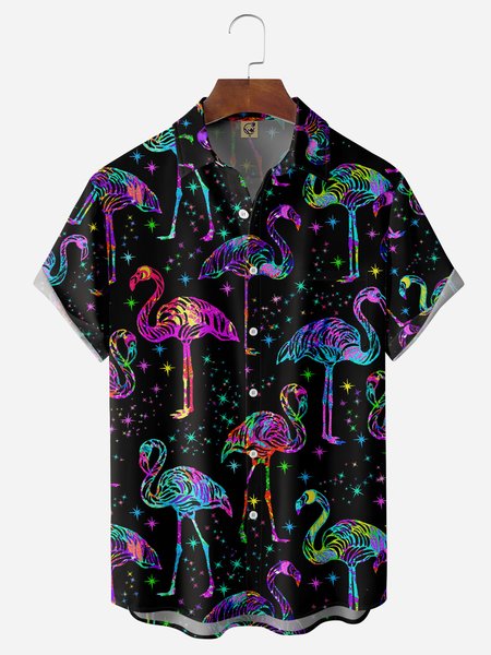 

Flamingo Chest Pocket Short Sleeve Hawaiian Shirt, Black, Men Shirts