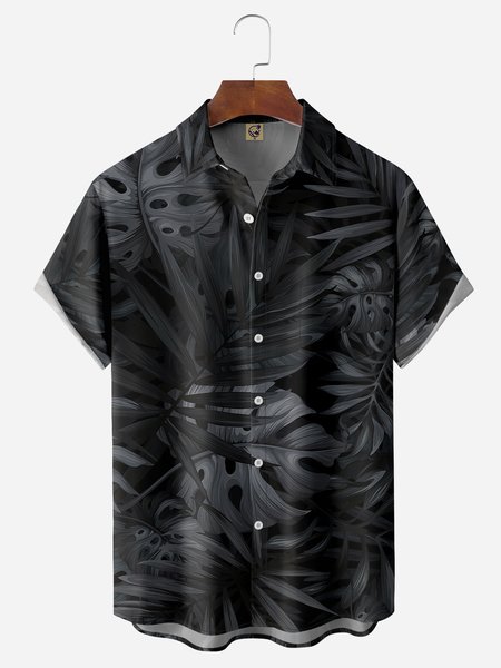 

Palm Leaf Chest Pocket Short Sleeve Hawaiian Shirt, Black, Men Shirts