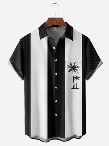 

Coconut Tree Chest Pocket Short Sleeve Bowling Shirt, Black, Men Shirts