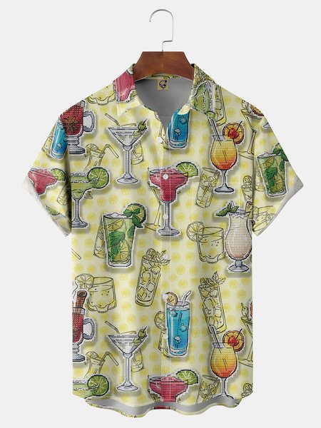 

Drinks Chest Pockets Short Sleeves Casual Shirts, Yellow, Men Shirts