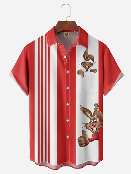 

Rabbit Chest Pocket Short Sleeve Bowling Shirt, Red, Men Shirts