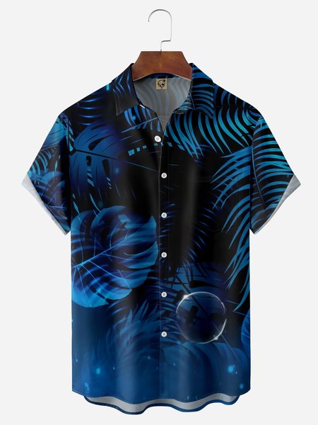 

Palm Leaf Chest Pocket Short Sleeve Hawaiian Shirt, Blue, Men Shirts