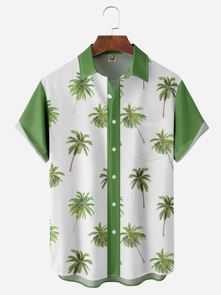 

Coconut Tree Chest Pocket Short Sleeve Bowling Shirt, Green, Men Shirts