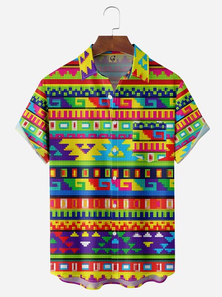 

Folk Pattern Chest Pocket Short Sleeve Casual Shirt, Green, Men Shirts
