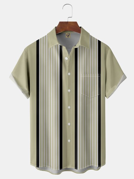 

Geometric Stripe Chest Pocket Short Sleeve Bowling Shirt, Green, Men Shirts