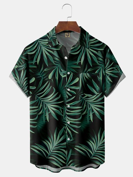 

Leaves Chest Pocket Short Sleeve Hawaiian Shirt, Green, Men Shirts