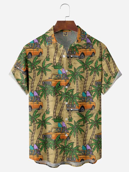 

Coconut Tree Car Chest Pocket Short Sleeve Hawaiian Shirt, Yellow, Men Shirts