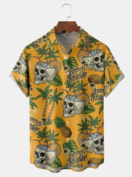 

Coconut Tree Chest Pocket Short Sleeve Hawaiian Shirt, Yellow, Men Shirts