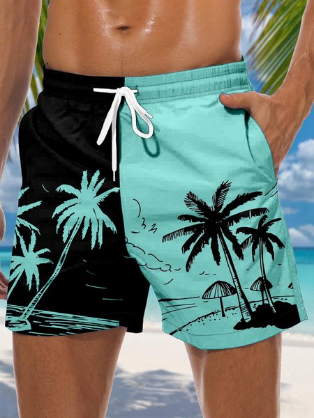 

Coconut Tree Drawstring Beach Shorts, Black, Men's shorts