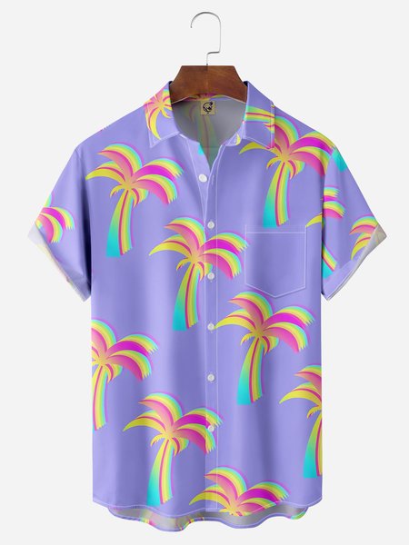 

Coconut Tree Chest Pocket Short Sleeve Hawaiian Shirt, Purple, Men Shirts