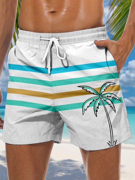 

Coconut Tree Drawstring Beach Shorts, White, Men's shorts