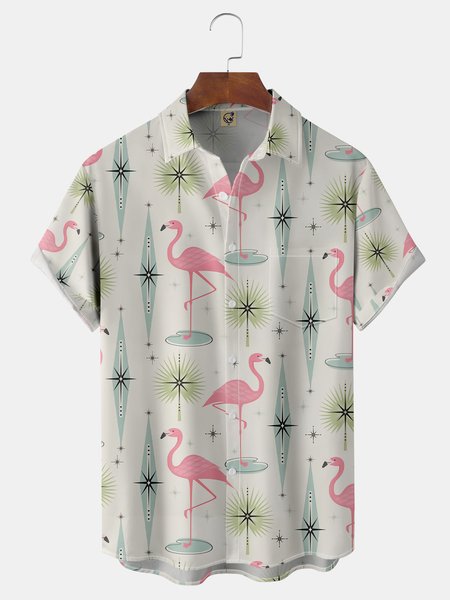 

Flamingo Chest Pocket Short Sleeve Shirt, Apricot, Men Shirts
