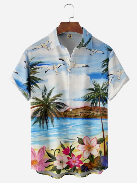 

Coconut Tree Chest Pocket Short Sleeve Hawaiian Shirt, Blue, Men Shirts