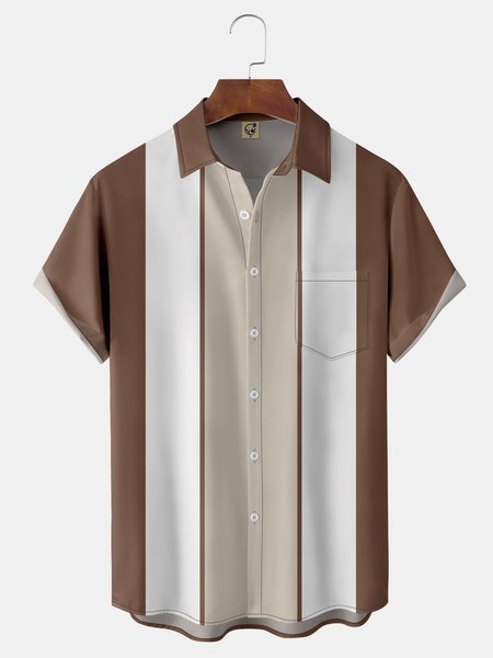 

Geometric Stripe Chest Pocket Short Sleeve Bowling Shirt, Light coffee, Men Shirts