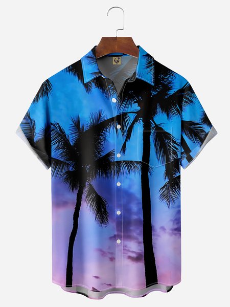 

Coconut Tree Chest Pocket Short Sleeve Hawaiian Shirt, Blue, Men Shirts