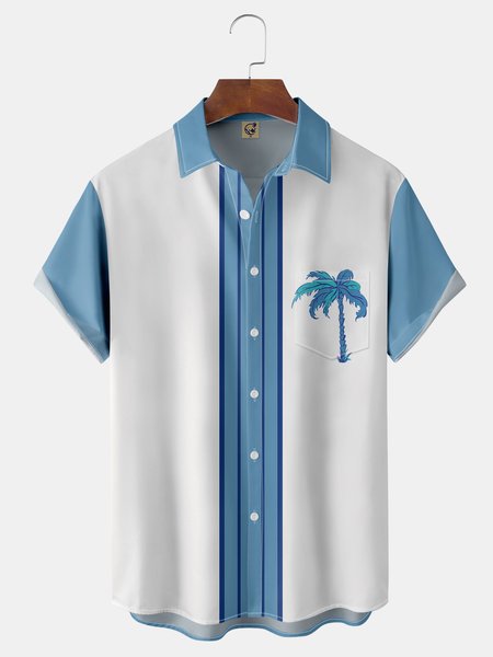 

Coconut Tree Chest Pocket Short Sleeve Bowling Shirt, Blue, Men Shirts