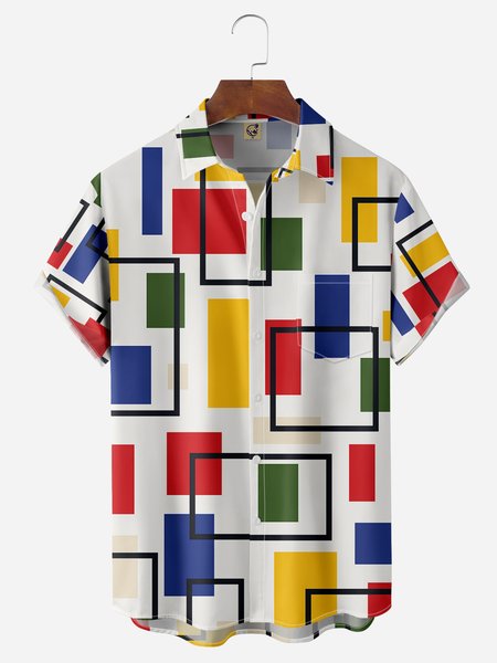 

Geometric Pattern Chest Pocket Short Sleeve Casual Shirts, White, Men Shirts