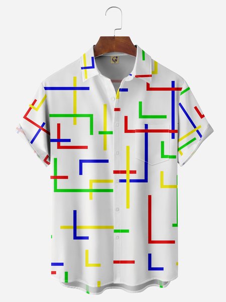 

Geometric Lines Chest Pockets Short Sleeves Casual Shirts, White, Men Shirts