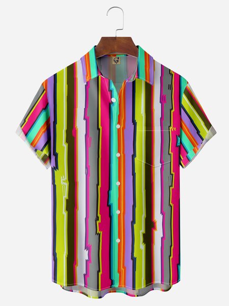 

Geometric Stripe Chest Pocket Short Sleeve Casual Shirt, Red, Men Shirts