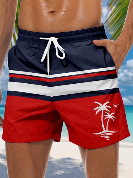 

Coconut Tree Drawstring Beach Shorts, Red, Men's shorts