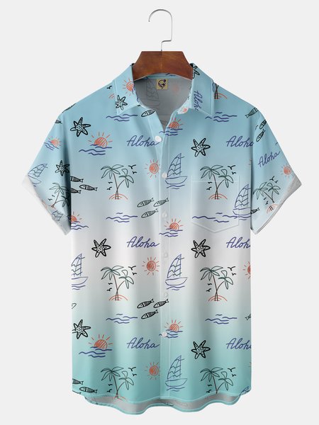 

Coconut Tree Chest Pocket Short Sleeve Hawaiian Shirt, Blue, Men Shirts