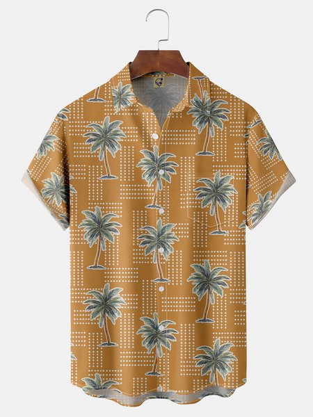 

Coconut Tree Chest Pocket Short Sleeve Hawaiian Shirt, Yellow, Men Shirts