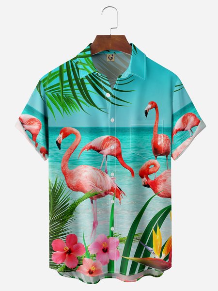 

Flamingo Chest Pocket Short Sleeve Hawaiian Shirt, Blue, Men Shirts