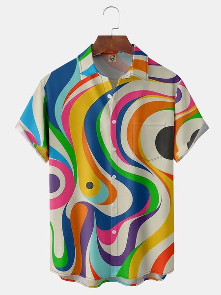 

Color Block Geometric Chest Pocket Short Sleeve Casual Shirt, Khaki, Men Shirts