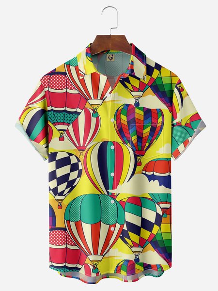 

Hot Air Balloon Chest Pocket Short Sleeve Casual Shirt, Yellow, Men Shirts