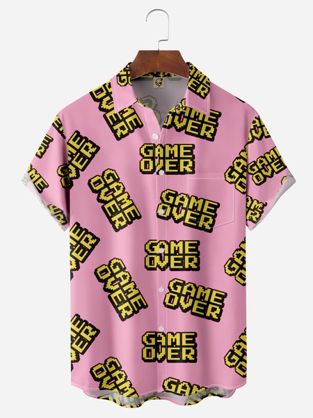

Alphabet Chest Pocket Short Sleeve Casual Shirt, Pink, Men Shirts