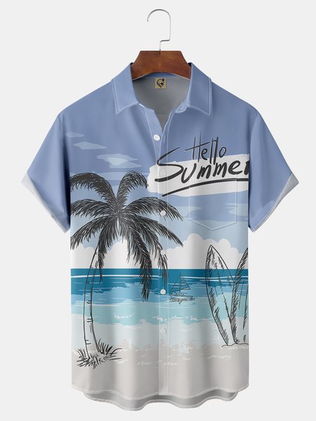 

Coconut Tree Chest Pocket Short Sleeve Hawaiian Shirt, Blue, Men Shirts