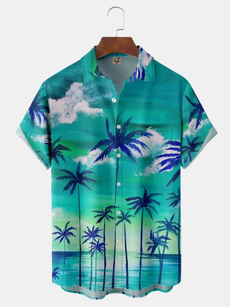 

Coconut Tree Chest Pocket Short Sleeve Hawaiian Shirt, Green, Men Shirts
