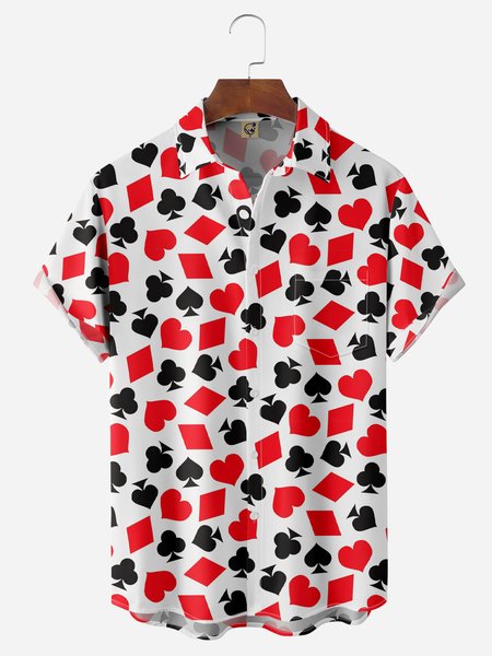 

Poker Symbol Chest Pocket Short Sleeve Hawaiian Shirt, White, Men Shirts