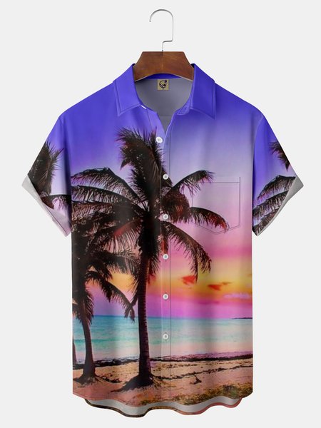 

Palm Tree Chest Pocket Short Sleeve Hawaiian Shirt, Purple, Men Shirts