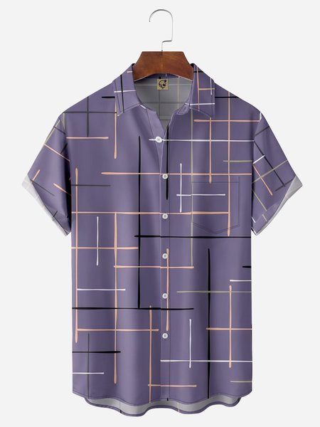 

Geometric Chest Pocket Short Sleeve Casual Shirt, Purple, Men Shirts