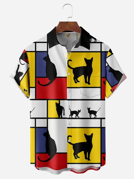 

Geometric Cat Chest Pocket Short Sleeve Casual Shirt, Yellow, Men Shirts